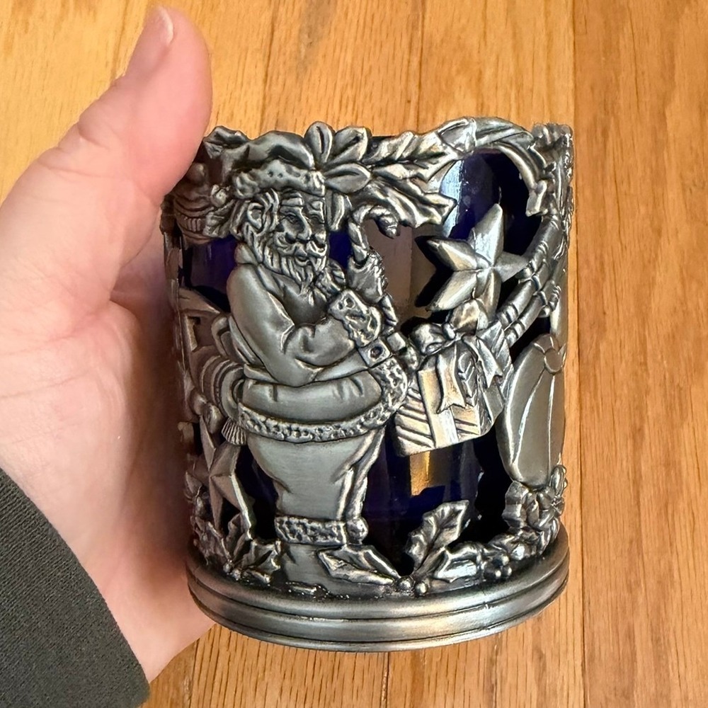 Christmas Santa Snowman Cobalt Blue Glass Silver Metal Votive Candle Holder
